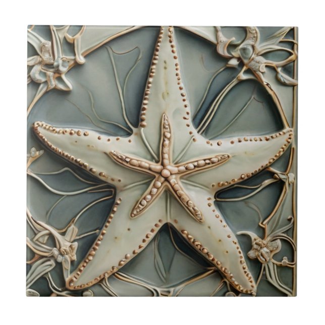 Art Nouveau Faux Relief Ocean Starfish Sea Star Tile (Front)