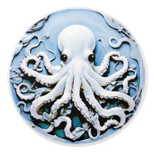 Art Nouveau Faux Relief Octopus - Blue & White Ceramic Knob
