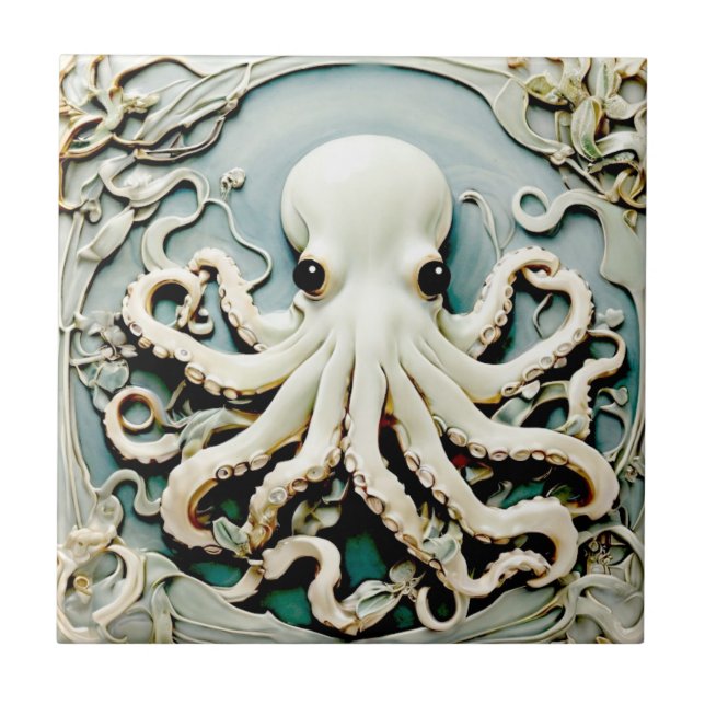 Art Nouveau Faux Relief Octopus - Ocean Sea Life Tile (Front)