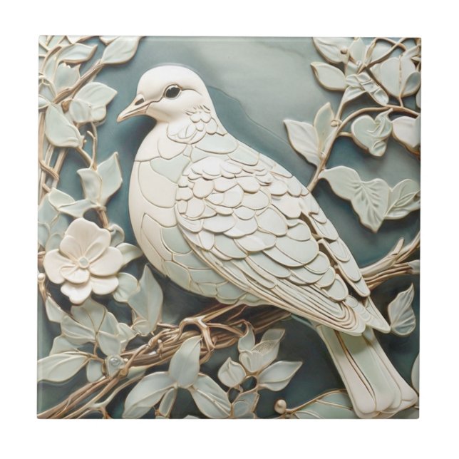 Art Nouveau Faux Relief Pigeon Dove Bird Mint Tile (Front)