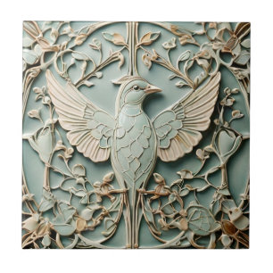 Art Nouveau Faux Relief Right Bird Pastel Mint Tile
