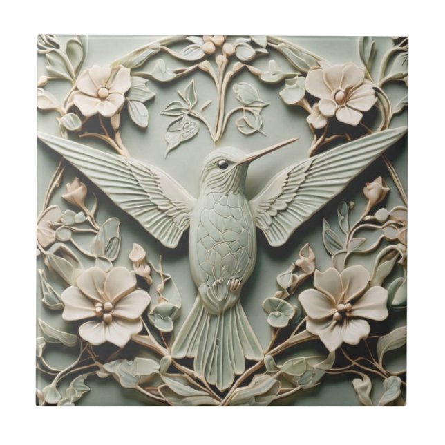 Art Nouveau Faux Relief Right Hummingbird Bird Tile (Front)