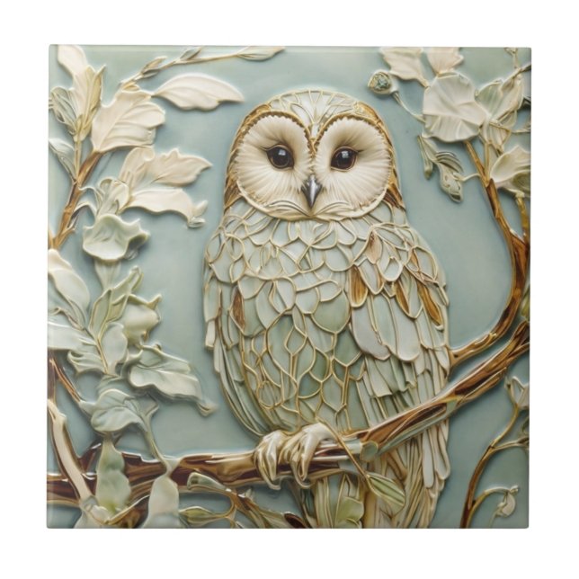 Art Nouveau Faux Relief Tawny Owl Bird Pastel Mint Tile (Front)