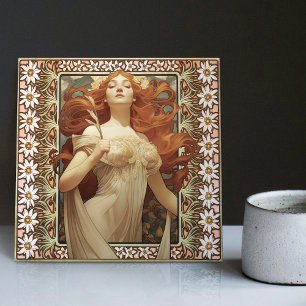 Art Nouveau Female Portrait Mucha Edelweiss Flower Tile