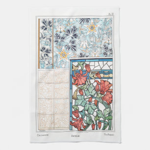 Art nouveau floral and tile art verneuil red blue kitchen towel