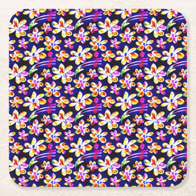 Art Nouveau Floral Boho Watercolo Square Paper Coaster (Front)