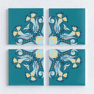 Art Nouveau Floral Ceramic Tile in Peacock Teal