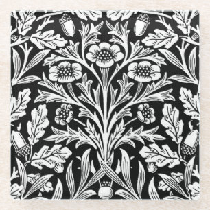 Art Nouveau Floral Damask, Black and White Glass Coaster