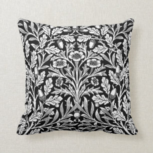 Art Nouveau Floral Damask, Black and White Throw Pillow