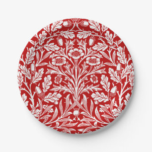 Art Nouveau Floral Damask, Dark Red and White Paper Plate