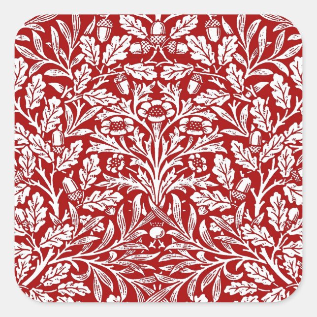 Art Nouveau Floral Damask, Deep Red and White Square Sticker (Front)