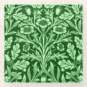 Art Nouveau Floral Damask, Emerald Green Glass Coaster