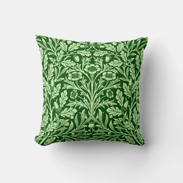 Art Nouveau Floral Damask, Emerald Green Throw Pillow (Front)
