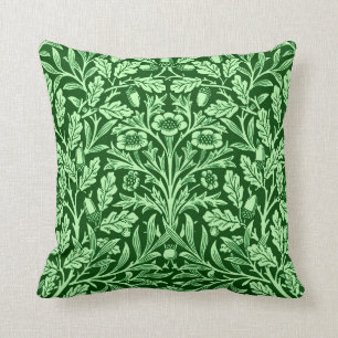 Art Nouveau Floral Damask, Emerald Green Throw Pillow