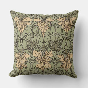 Art Nouveau Floral Damask Green, Beige Abstract Throw Pillow