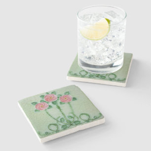 Art Nouveau Floral Design Crackle Glazed Stone Coaster