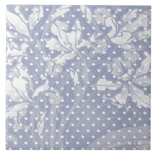 Art Nouveau Floral Design, White on Blue Tile