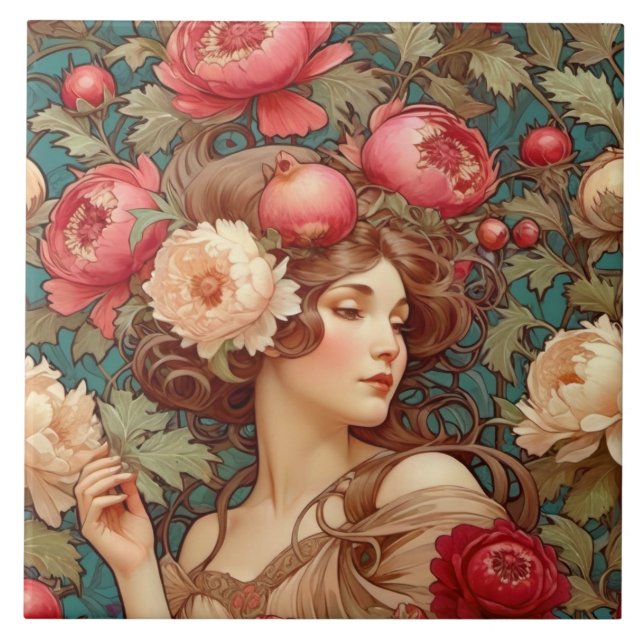 Art Nouveau Floral Fruit Woman Ceramic Tile (Front)