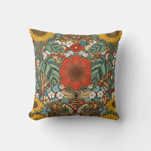 Art Nouveau Floral Garden – Sunflowers, Bee Throw Pillow