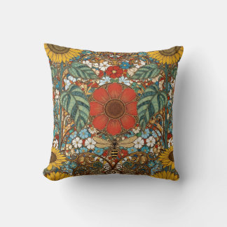 Art Nouveau Floral Garden – Sunflowers, Bee Throw Pillow