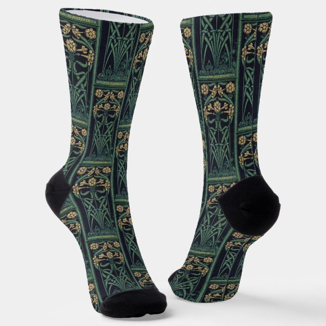 Art Nouveau Floral Gold & Green Socks (Angled)