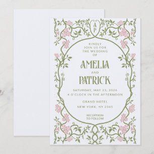 Art Nouveau Floral Green and Pink Wedding Invitation