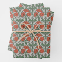 Art Nouveau Floral Green Red Poppy