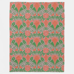 Art Nouveau floral green red rose pattern Fleece Blanket