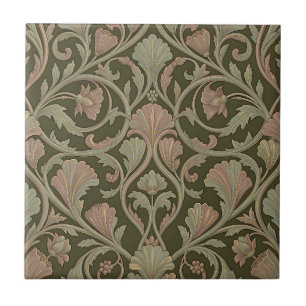 Art Nouveau Floral Pattern Dark Green Pink Vintage Tile