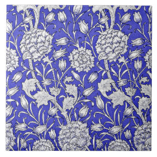 Art Nouveau Floral Pattern, Indigo and White, Tile