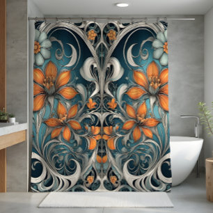 Art Nouveau floral pattern teal orange