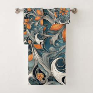 Art Nouveau floral pattern teal orange Bath Towel Set