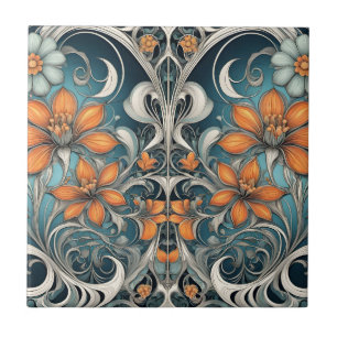 Art Nouveau floral pattern teal orange Tile