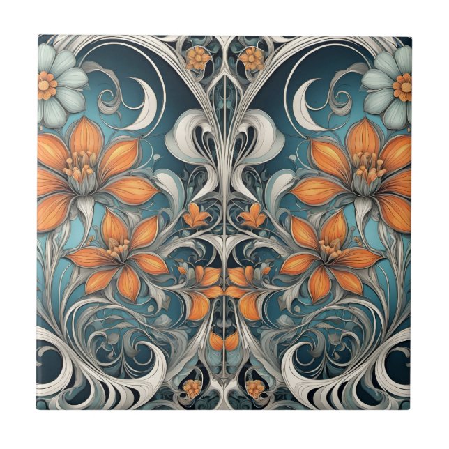 Art Nouveau floral pattern teal orange Tile (Front)