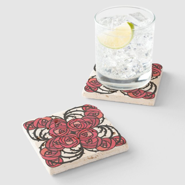 Art Nouveau Floral red and black rose vines design Stone Coaster (Side)