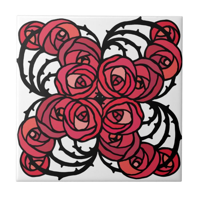 Art Nouveau Floral red and black rose vines design Tile (Front)