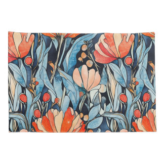 Art Nouveau Floral Red Blue Watercolor Pillowcase