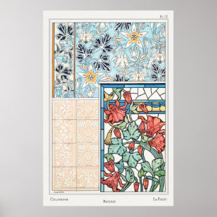 Art nouveau floral stained glass and tile art poster