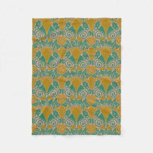 Art Nouveau floral teal green mustard yellow Fleece Blanket