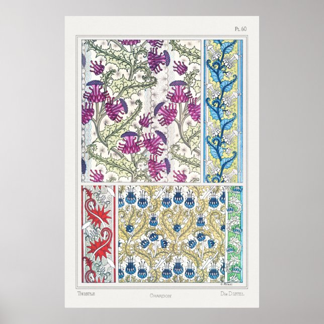 Art nouveau floral thistle flower textile art poster (Front)