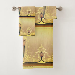 Art nouveau floral tulip pink and gold elegant bath towel set