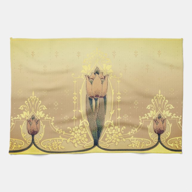 Art nouveau floral tulip pink and gold elegant kitchen towel (Horizontal)