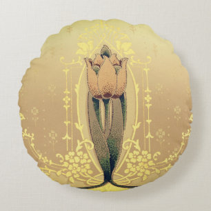 Art nouveau floral tulip pink and gold elegant round pillow