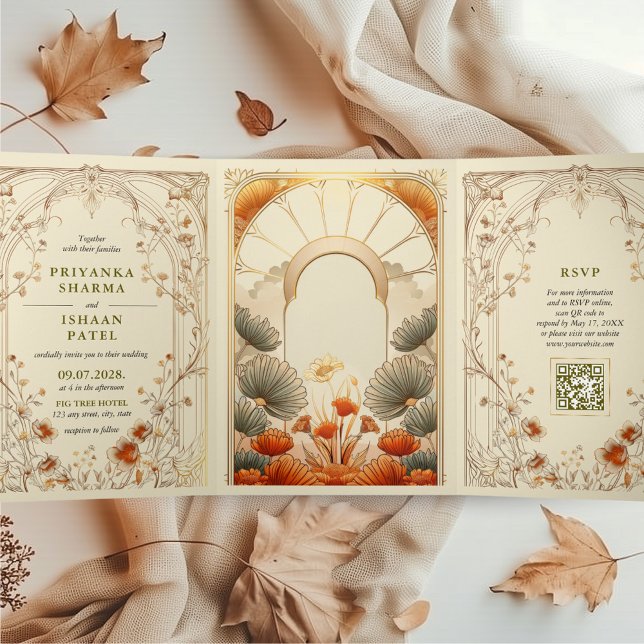 Art Nouveau Floral Unique QR Code All in One Tri-Fold Invitation (Art Nouveau Tri Fold All in One QR code Wedding Invitation Art Deco Indian Wedding Hindu Vintage)