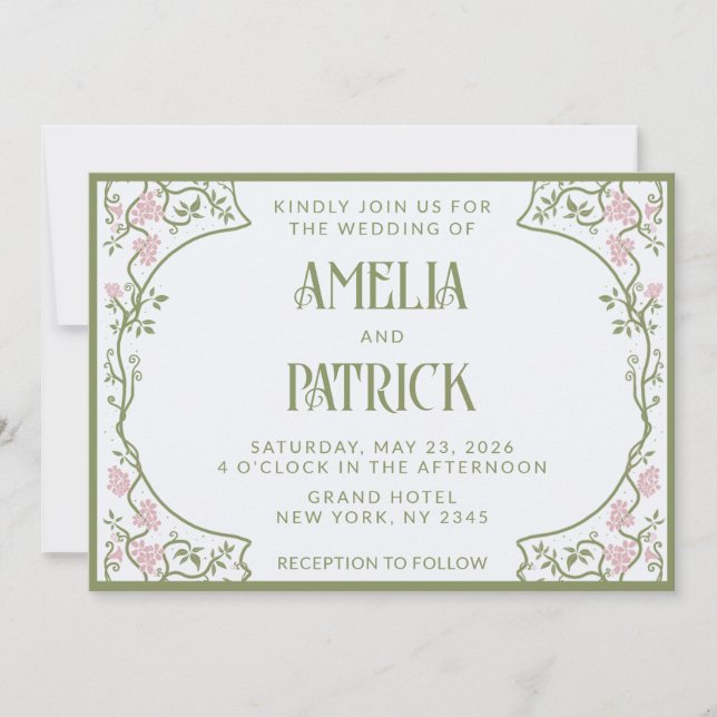 Art Nouveau Floral Wedding Green and Pink Invitation (Front)