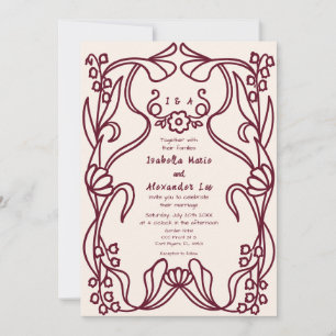 Art Nouveau Floral Wedding Invitation Burgundy Pin