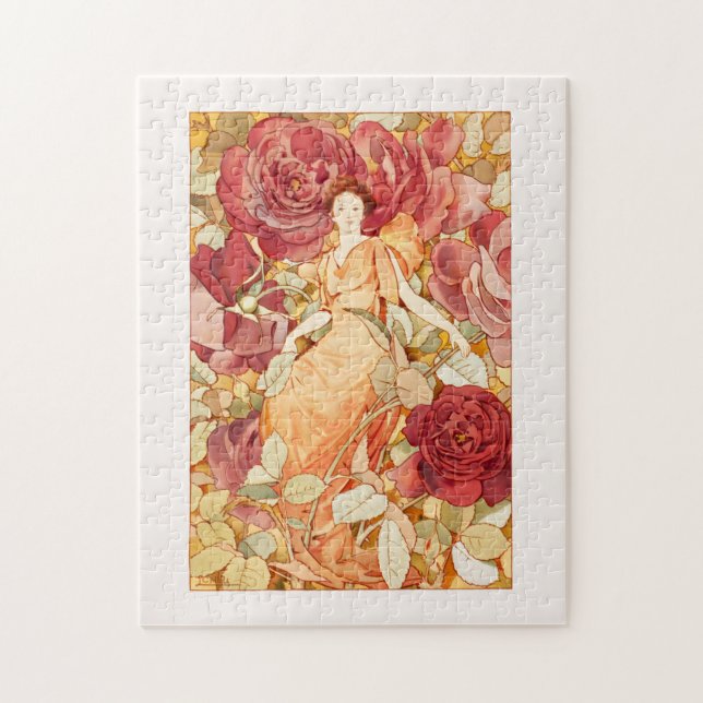 Art Nouveau Flower Fairy with Red & Orange Roses Jigsaw Puzzle (Vertical)