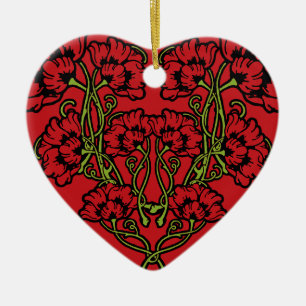 Art Nouveau Flower Heart Red Ceramic Ornament