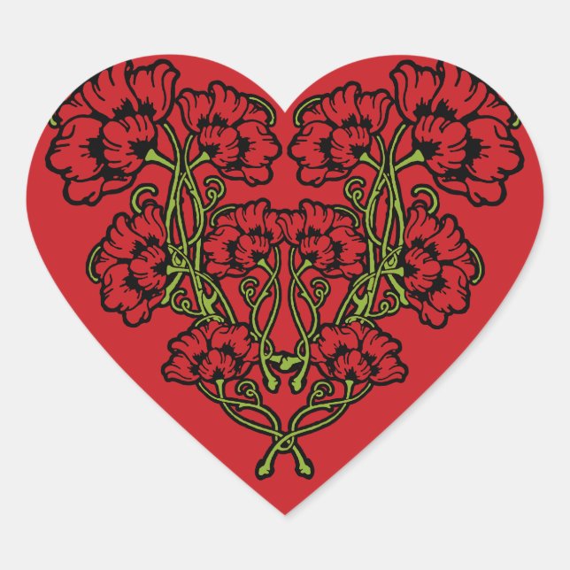 Art Nouveau Flower Heart Red Sticker (Front)