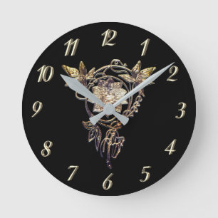 Art nouveau flower jewel Victorian gold and black Round Clock